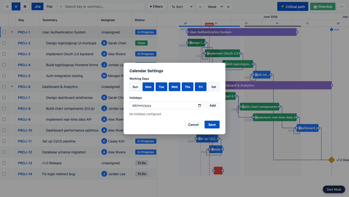 Calendar Settings dialog with working days and holidays